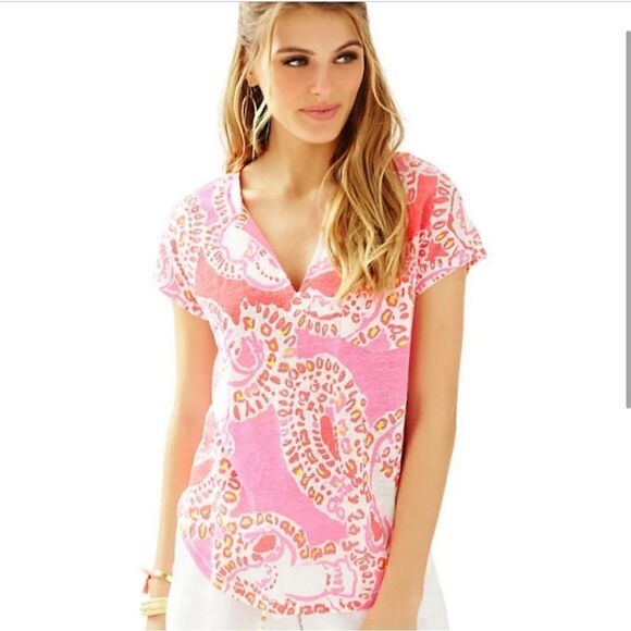 Lilly Pulitzer Duval Notch Neckline Linen Top Pink - Picture 1 of 9